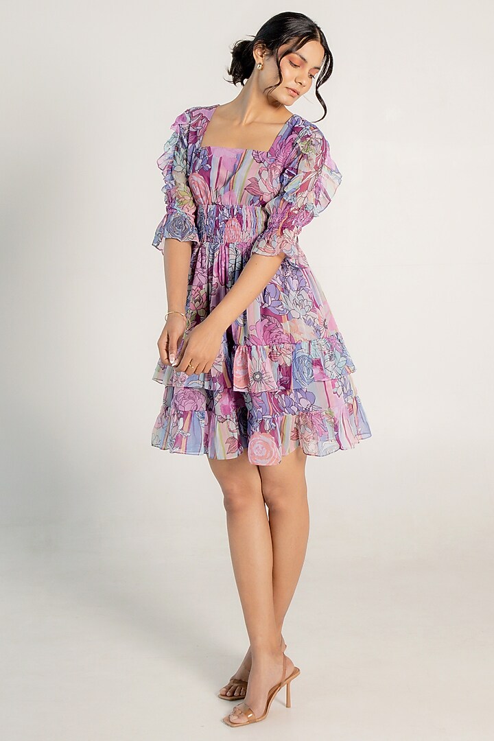 Mauve Recycled Chiffon Floral Printed Mini Summer Dress by AROOP SHOP INDIA at Pernia's Pop Up Shop