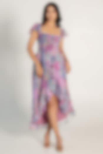 Mauve Recycled Chiffon Floral Printed High-Low Dress by AROOP SHOP INDIA