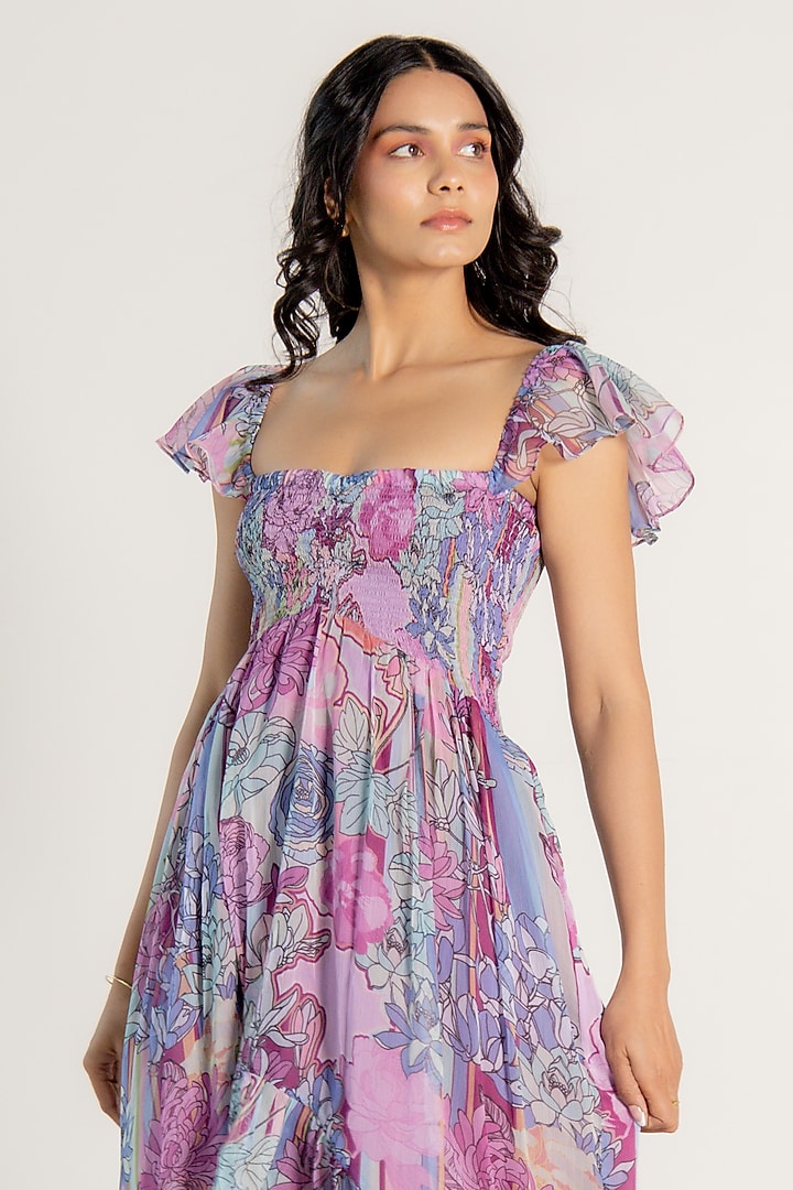 Mauve Recycled Chiffon Floral Printed High-Low Summer Dress by AROOP SHOP INDIA at Pernia's Pop Up Shop