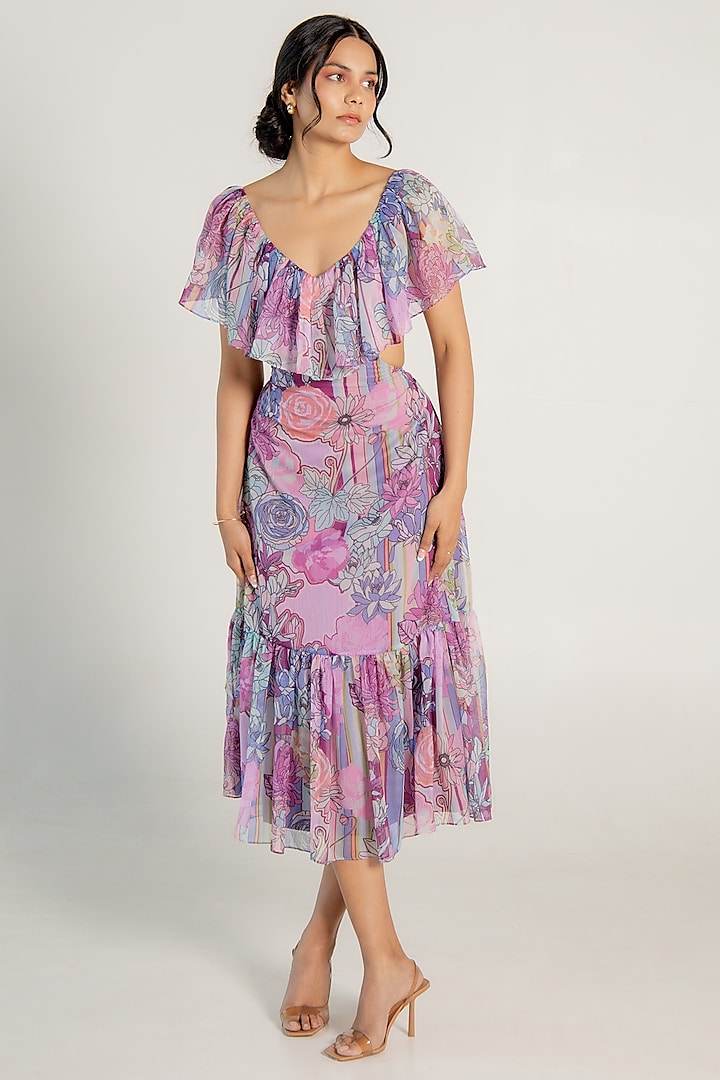 Mauve Recycled Chiffon Floral Printed Flared Midi Dress by AROOP SHOP INDIA