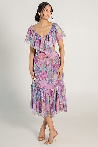 Mauve Recycled Chiffon Floral Printed Flared Midi Dress by AROOP SHOP INDIA