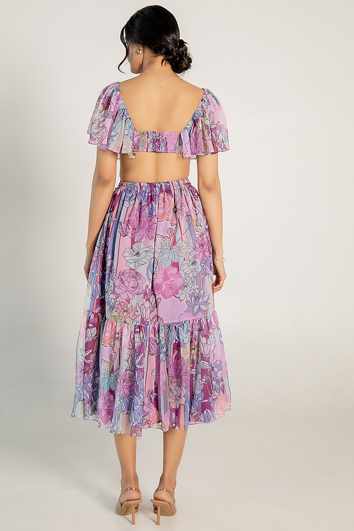 Mauve Recycled Chiffon Floral Printed Flared Midi Summer Dress by AROOP SHOP INDIA at Pernia's Pop Up Shop