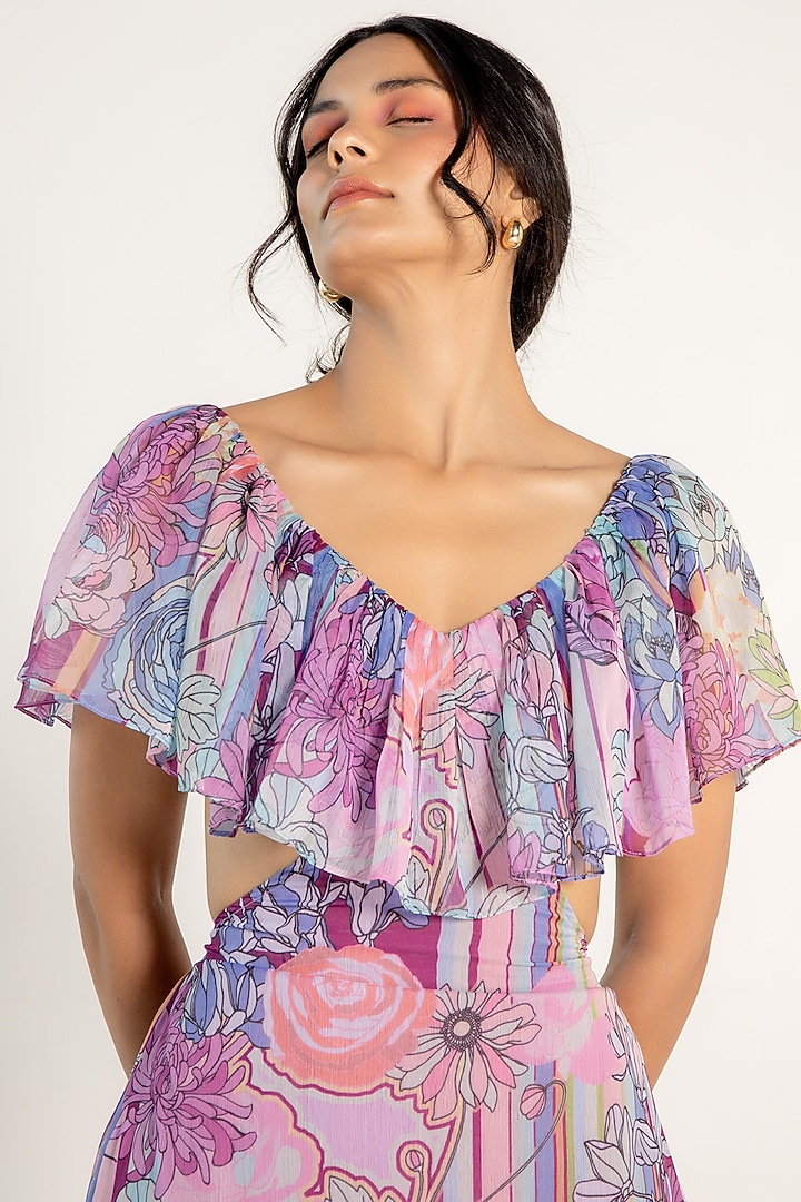 Mauve Recycled Chiffon Floral Printed Flared Midi Summer Dress by AROOP SHOP INDIA at Pernia's Pop Up Shop