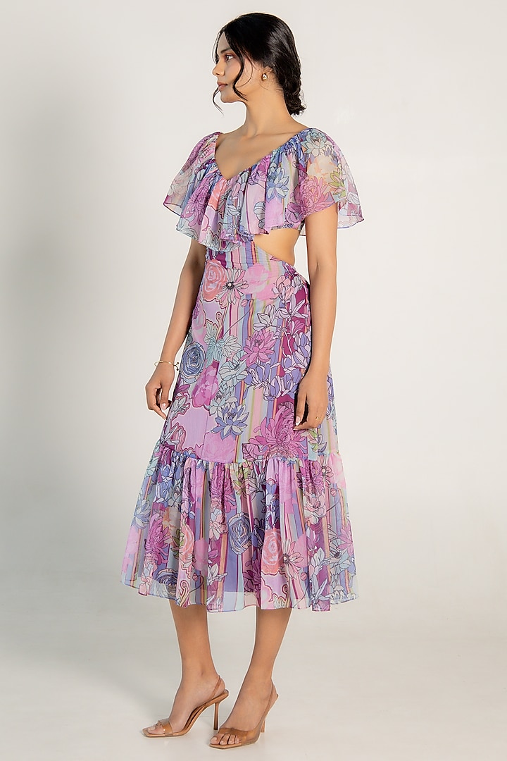 Mauve Recycled Chiffon Floral Printed Flared Midi Summer Dress by AROOP SHOP INDIA at Pernia's Pop Up Shop