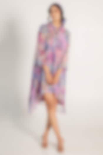 Mauve Recycled Chiffon Floral Printed High-Low Shirt Dress by AROOP SHOP INDIA