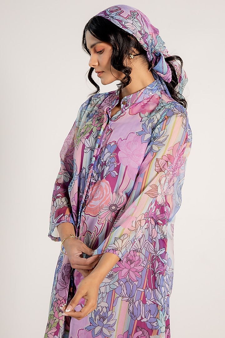 Mauve Recycled Chiffon Floral Printed High-Low Summer Shirt Dress by AROOP SHOP INDIA at Pernia's Pop Up Shop