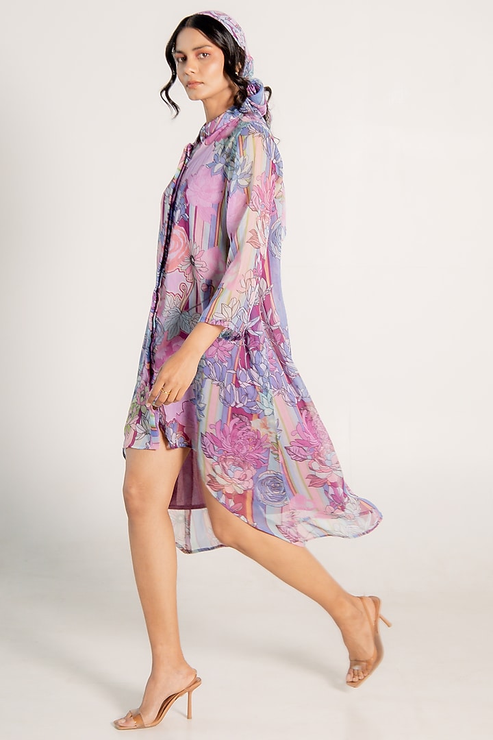 Mauve Recycled Chiffon Floral Printed High-Low Summer Shirt Dress by AROOP SHOP INDIA at Pernia's Pop Up Shop