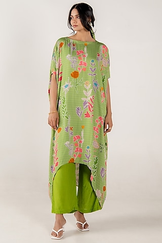 Olivine Modal Satin Floral Printed Kaftan Set by AROOP SHOP INDIA