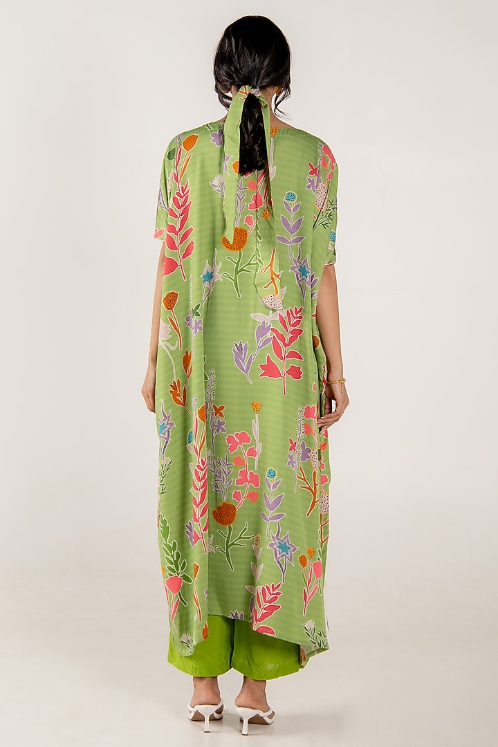 Olivine Modal Satin Floral Printed Kaftan Set by AROOP SHOP INDIA at Pernia's Pop Up Shop