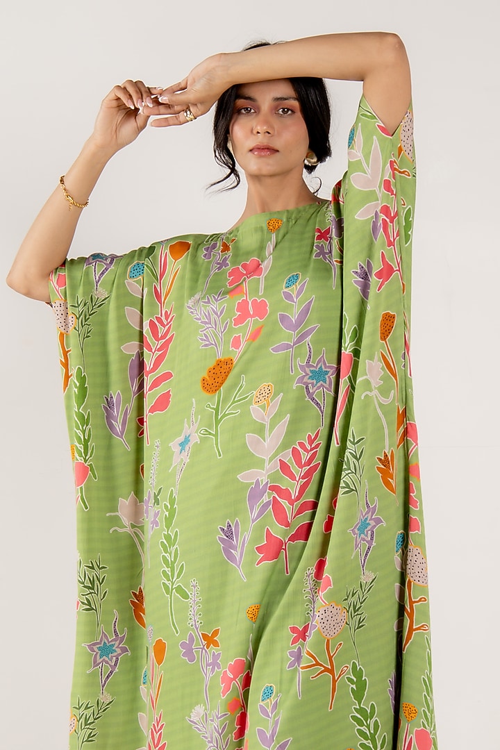 Olivine Modal Satin Floral Printed Kaftan Set by AROOP SHOP INDIA at Pernia's Pop Up Shop