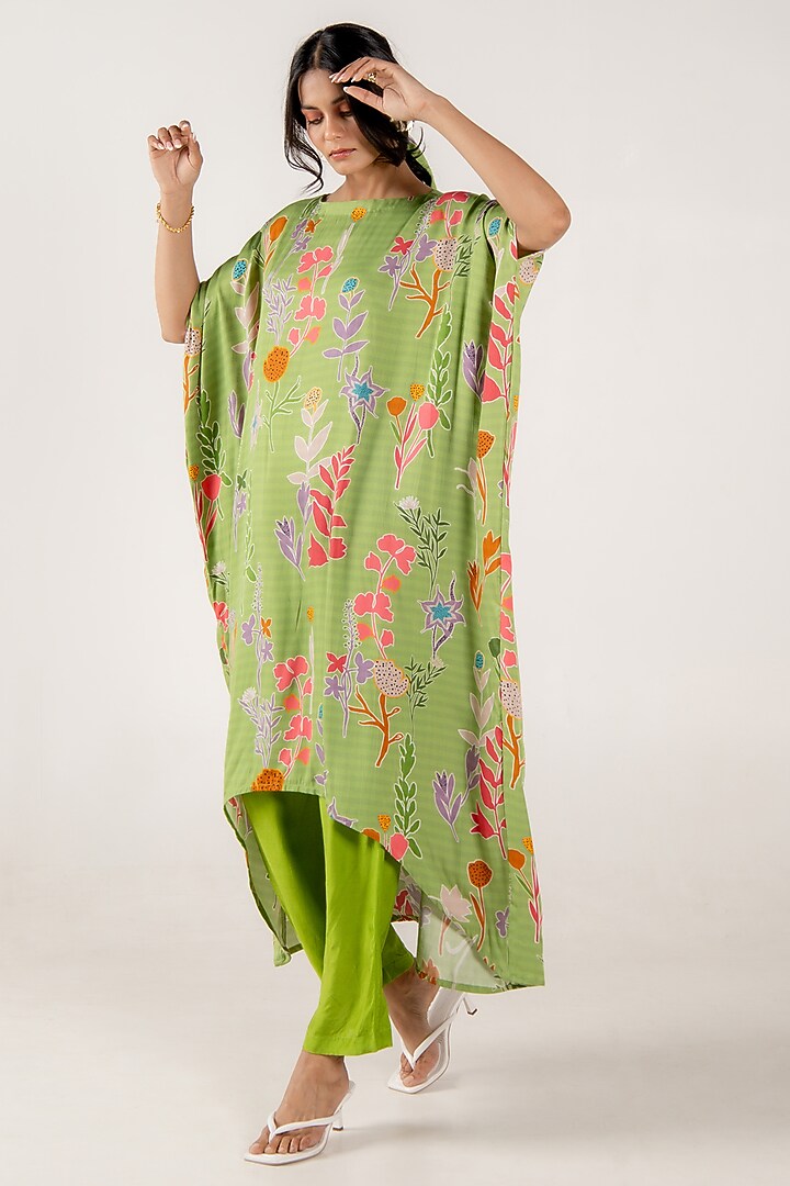 Olivine Modal Satin Floral Printed Kaftan Set by AROOP SHOP INDIA at Pernia's Pop Up Shop