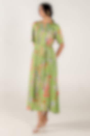 Olivine Modal Satin Floral Printed Pleated Midi Dress by AROOP SHOP INDIA