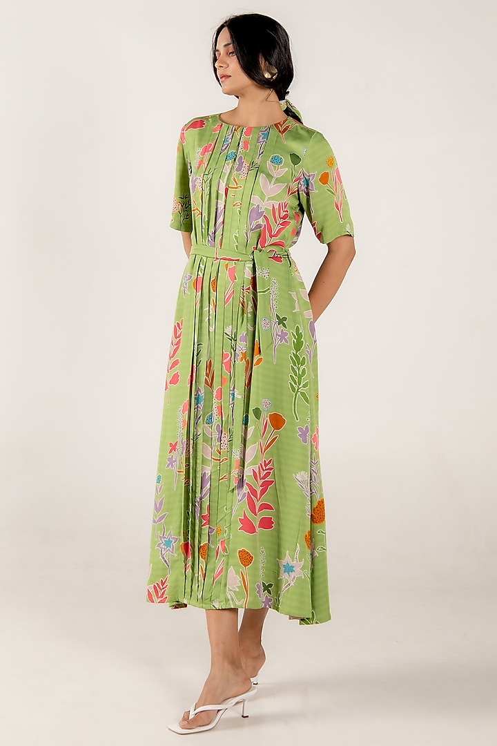 Olivine Modal Satin Floral Printed Pleated Midi Dress by AROOP SHOP INDIA