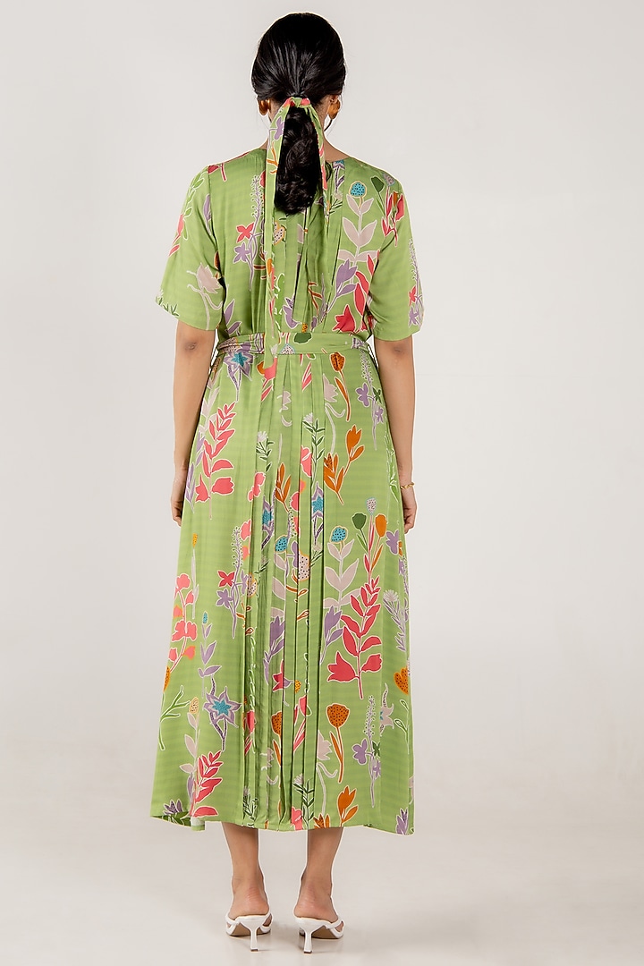 Olivine Modal Satin Floral Printed Pleated Midi Summer Dress by AROOP SHOP INDIA at Pernia's Pop Up Shop