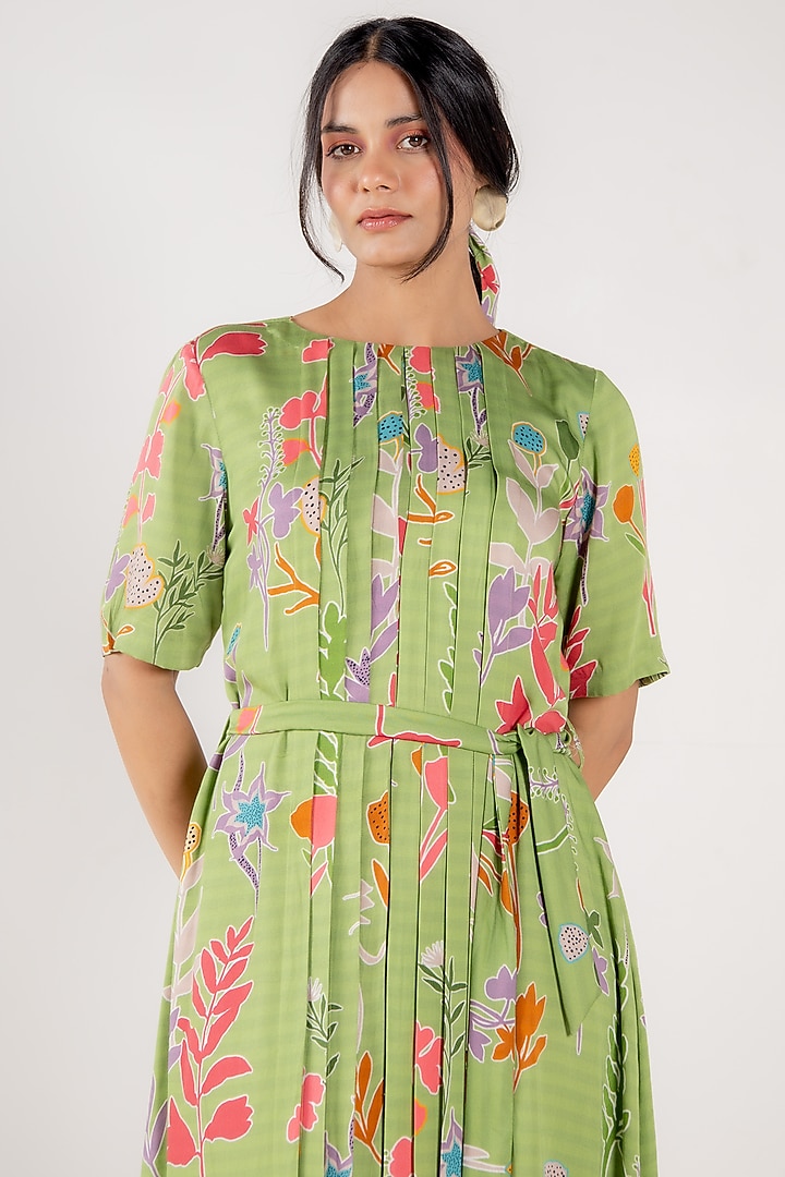 Olivine Modal Satin Floral Printed Pleated Midi Summer Dress by AROOP SHOP INDIA at Pernia's Pop Up Shop