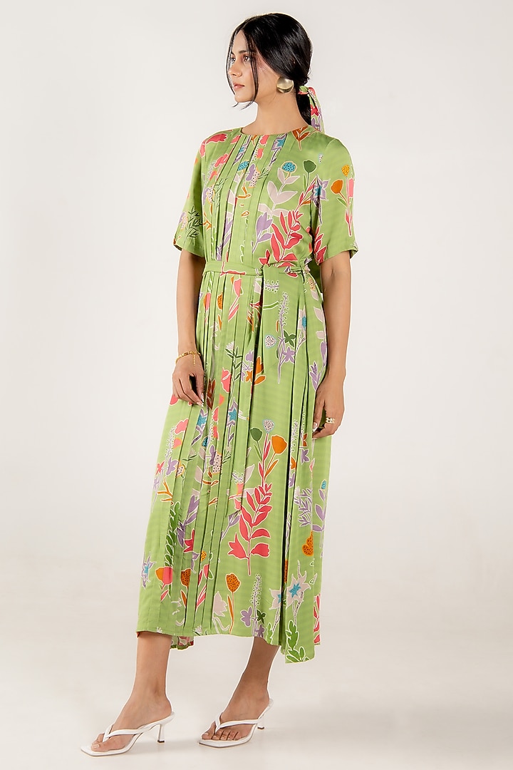 Olivine Modal Satin Floral Printed Pleated Midi Summer Dress by AROOP SHOP INDIA at Pernia's Pop Up Shop