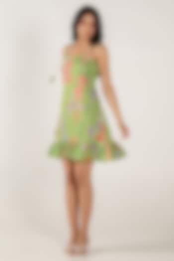 Olivine Modal Satin Floral Printed Mini Dress by AROOP SHOP INDIA