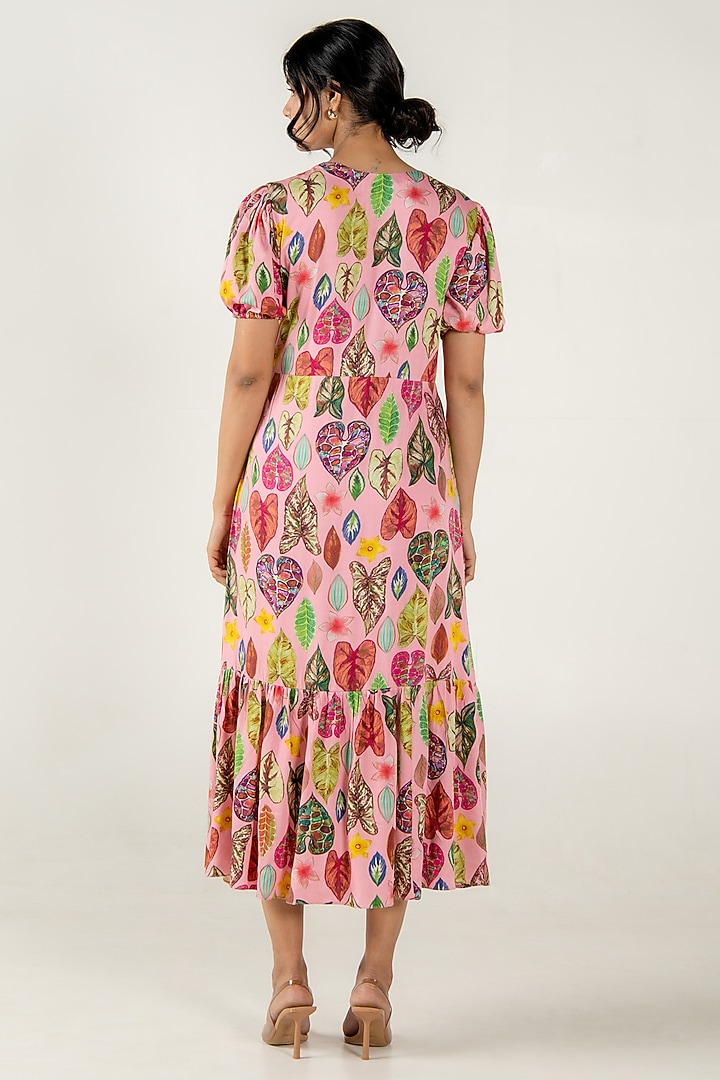 Flamingo Pink Modal Satin Floral Leaf Printed Maxi Tiered Summer Dress by AROOP SHOP INDIA at Pernia's Pop Up Shop
