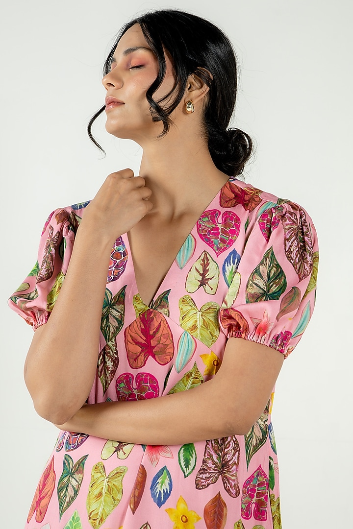 Flamingo Pink Modal Satin Floral Leaf Printed Maxi Tiered Summer Dress by AROOP SHOP INDIA at Pernia's Pop Up Shop