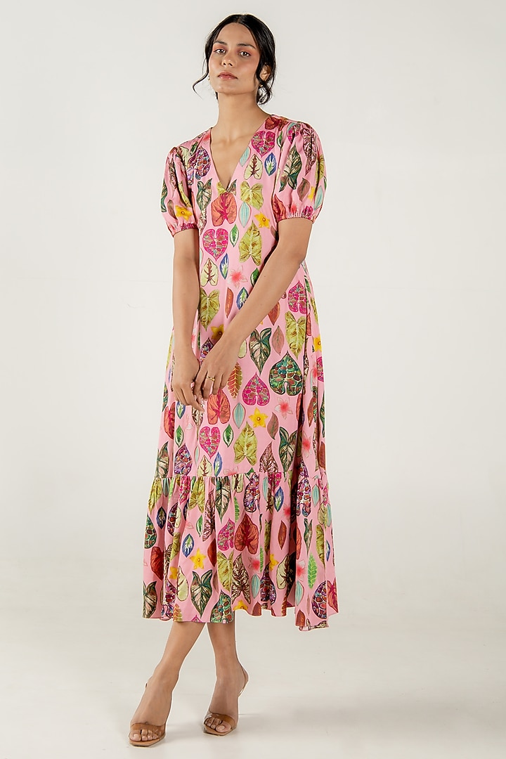 Flamingo Pink Modal Satin Floral Leaf Printed Maxi Tiered Summer Dress by AROOP SHOP INDIA at Pernia's Pop Up Shop