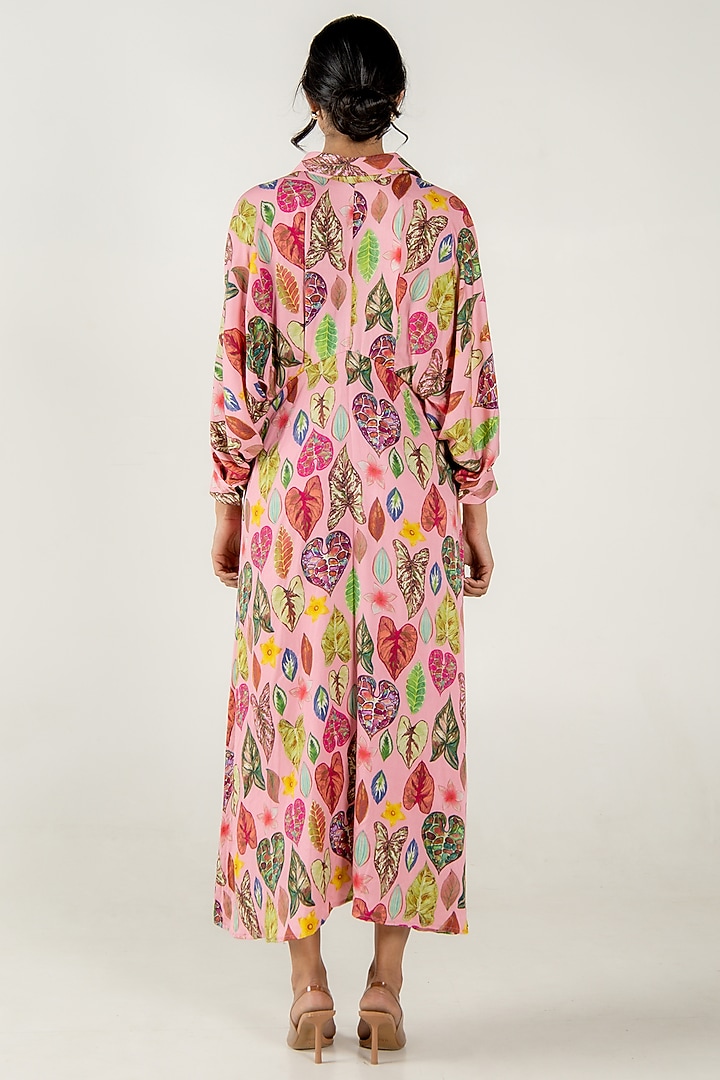 Flamingo Pink Modal Satin Floral Leaf Printed Maxi Summer Shirt Dress by AROOP SHOP INDIA at Pernia's Pop Up Shop