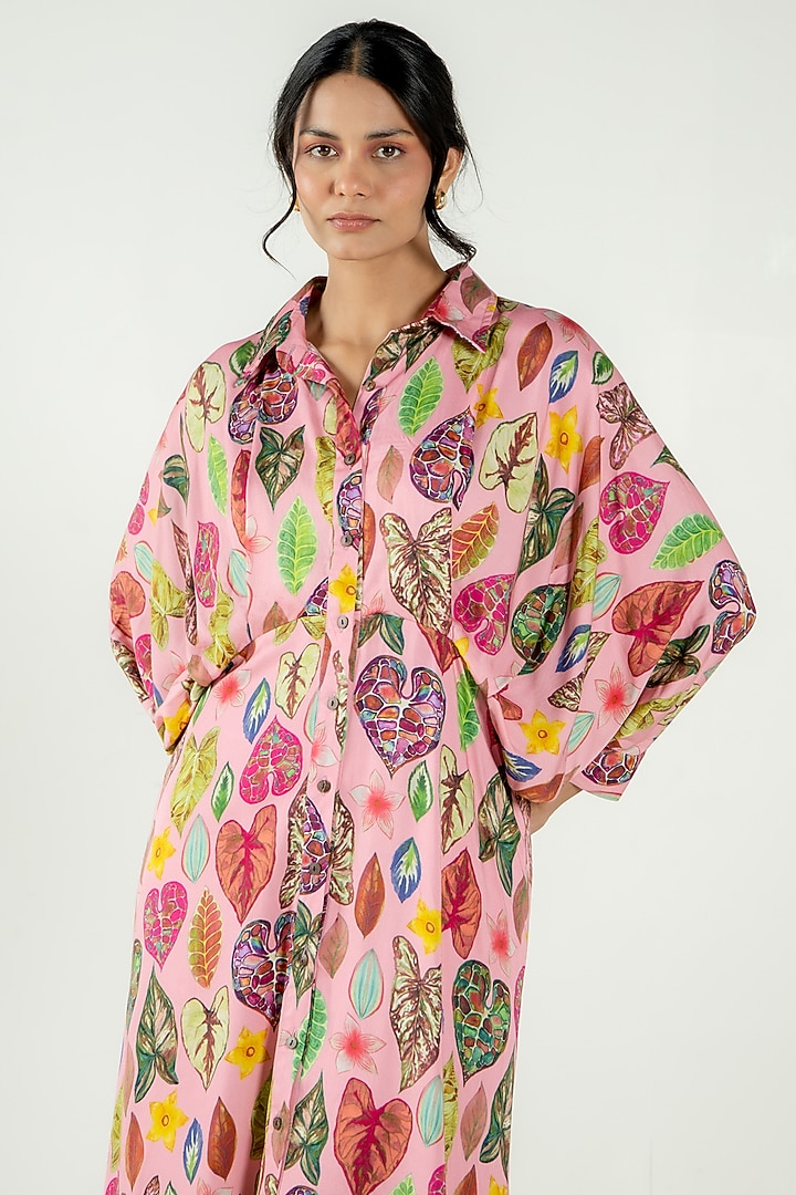 Flamingo Pink Modal Satin Floral Leaf Printed Maxi Summer Shirt Dress by AROOP SHOP INDIA at Pernia's Pop Up Shop