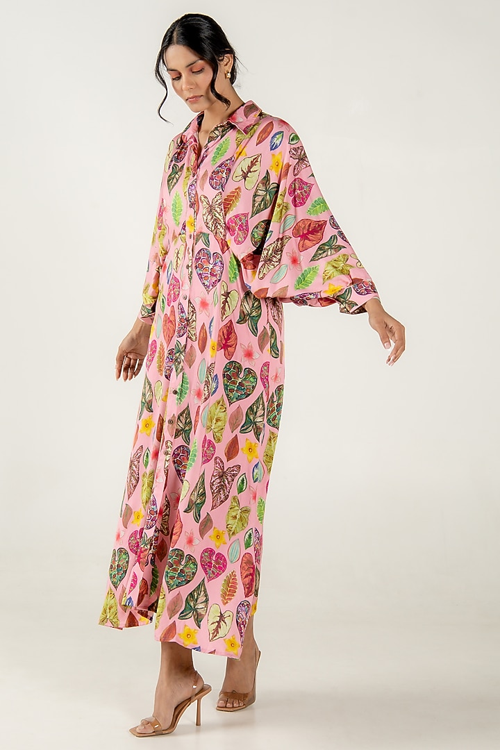 Flamingo Pink Modal Satin Floral Leaf Printed Maxi Summer Shirt Dress by AROOP SHOP INDIA at Pernia's Pop Up Shop