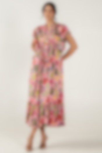 Flamingo Pink Modal Satin Floral Leaf Printed Maxi Tiered Dress by AROOP SHOP INDIA