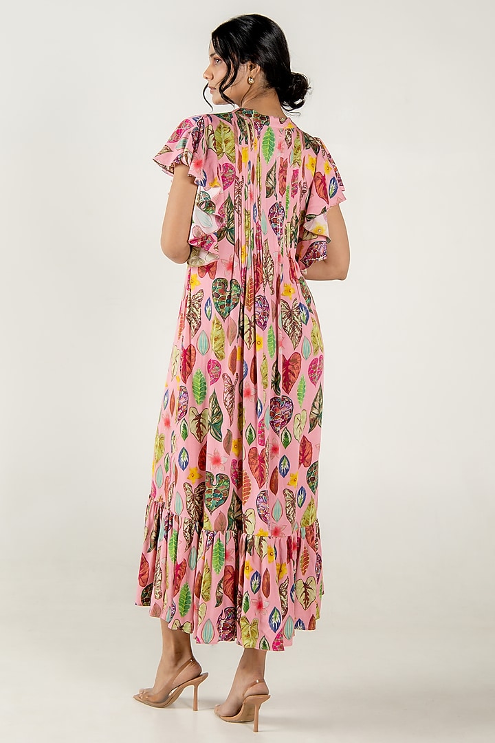 Flamingo Pink Modal Satin Floral Leaf Printed Maxi Tiered Summer Dress by AROOP SHOP INDIA at Pernia's Pop Up Shop