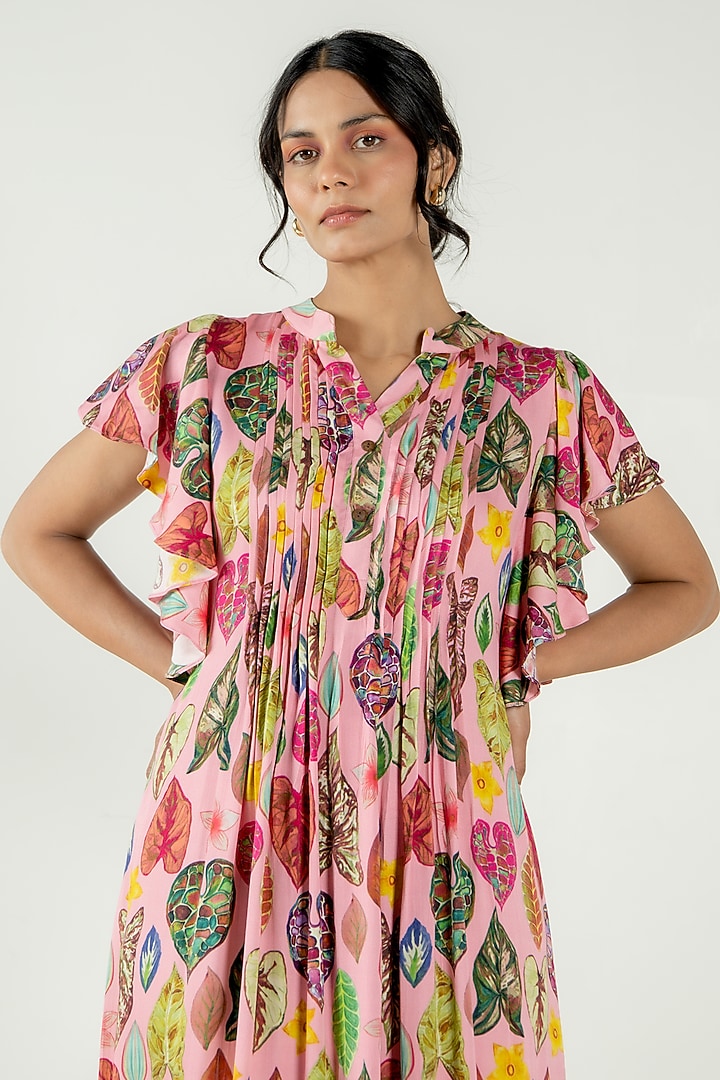 Flamingo Pink Modal Satin Floral Leaf Printed Maxi Tiered Summer Dress by AROOP SHOP INDIA at Pernia's Pop Up Shop