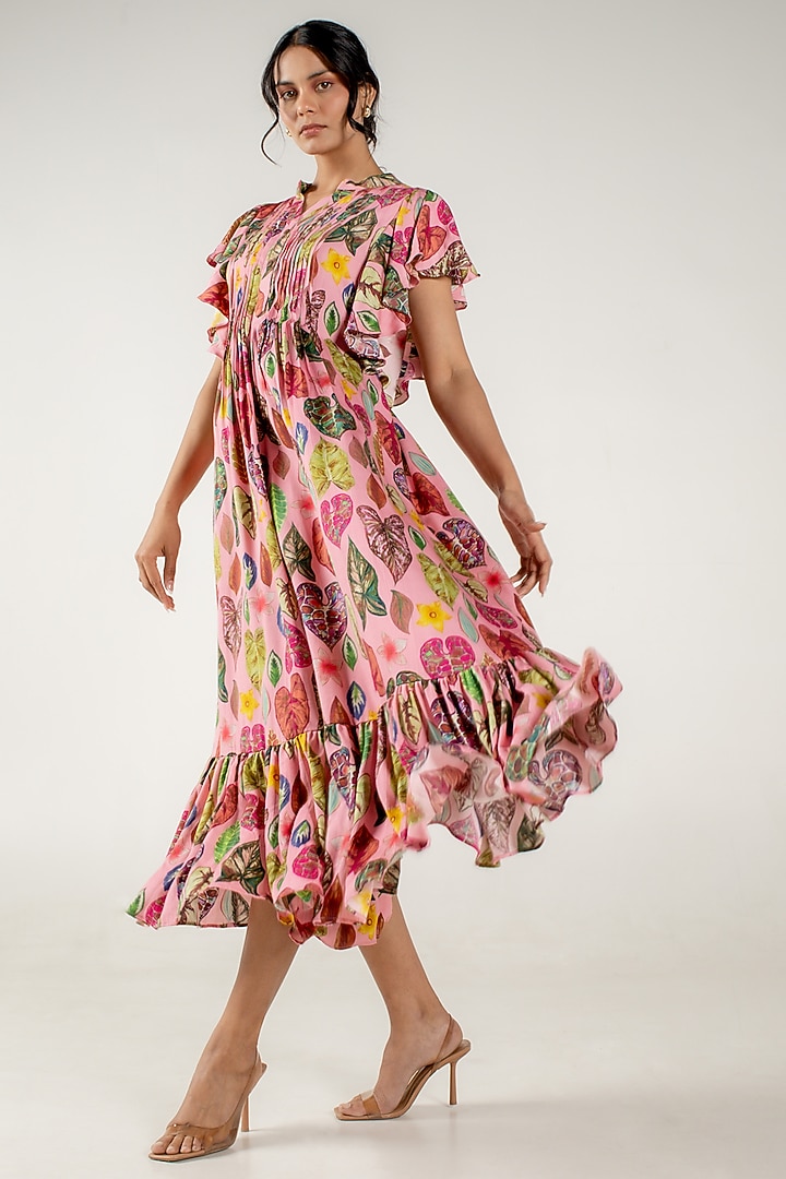 Flamingo Pink Modal Satin Floral Leaf Printed Maxi Tiered Summer Dress by AROOP SHOP INDIA at Pernia's Pop Up Shop