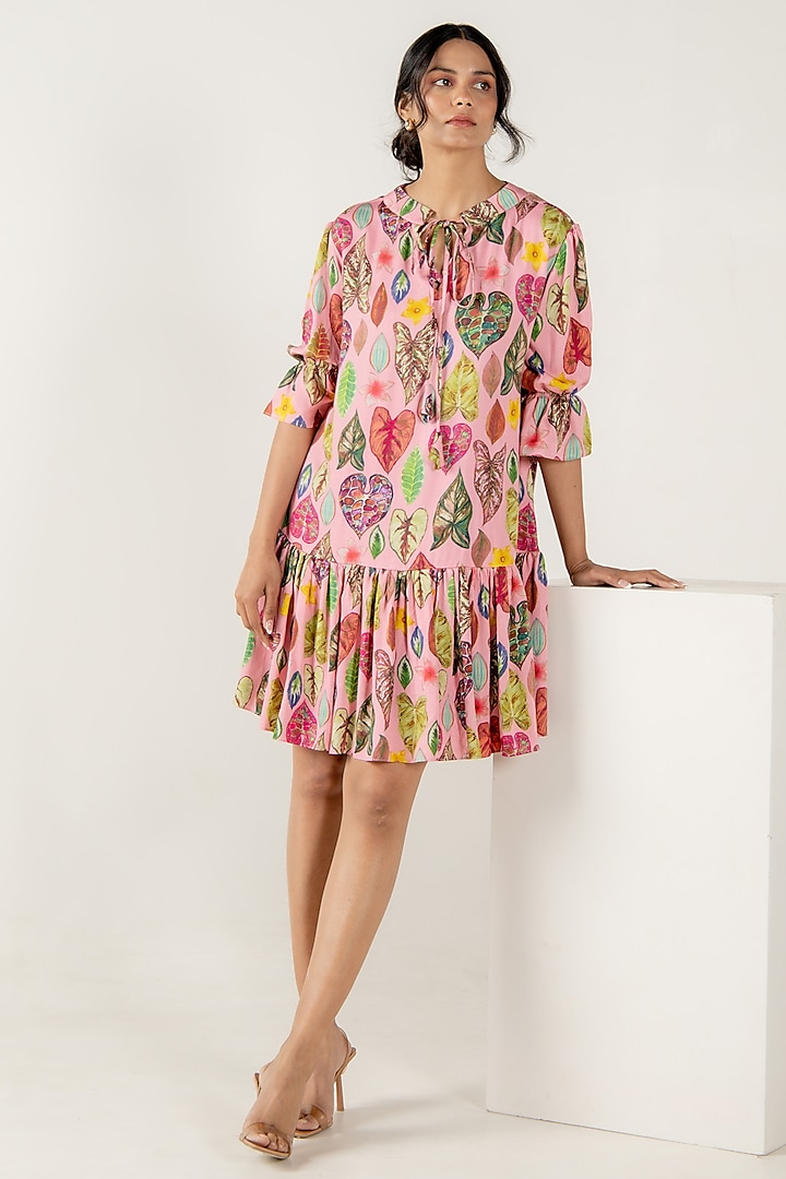 Flamingo Pink Chiffon Floral Leaf Printed Mini Tiered Dress by AROOP SHOP INDIA