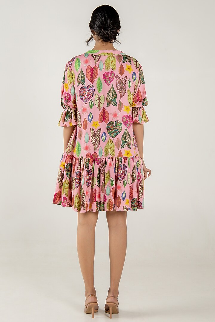Flamingo Pink Chiffon Floral Leaf Printed Mini Tiered Summer Dress by AROOP SHOP INDIA at Pernia's Pop Up Shop