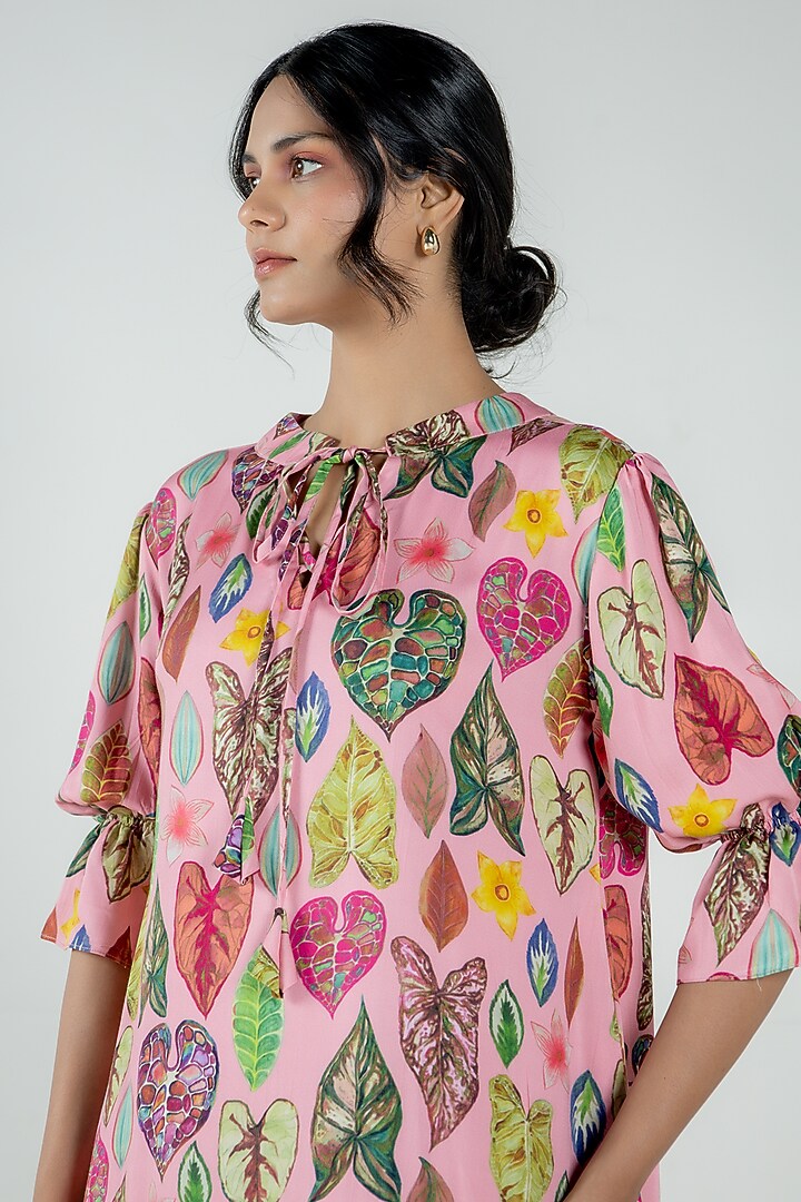 Flamingo Pink Chiffon Floral Leaf Printed Mini Tiered Summer Dress by AROOP SHOP INDIA at Pernia's Pop Up Shop