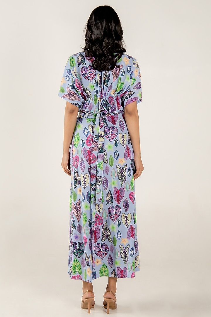 Blue Modal Satin Floral Leaf Printed Wrap-Around Skirt Set by AROOP SHOP INDIA at Pernia's Pop Up Shop