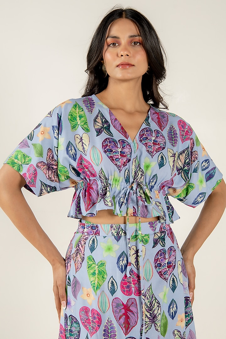 Blue Modal Satin Floral Leaf Printed Wrap-Around Skirt Set by AROOP SHOP INDIA at Pernia's Pop Up Shop