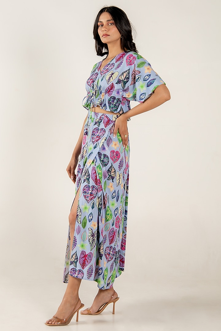 Blue Modal Satin Floral Leaf Printed Wrap-Around Skirt Set by AROOP SHOP INDIA at Pernia's Pop Up Shop