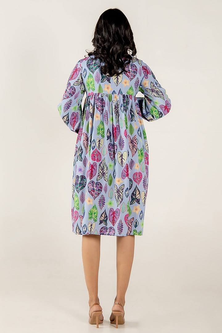 Blue Modal Satin Floral Leaf Printed Mini Summer Shirt Dress by AROOP SHOP INDIA at Pernia's Pop Up Shop