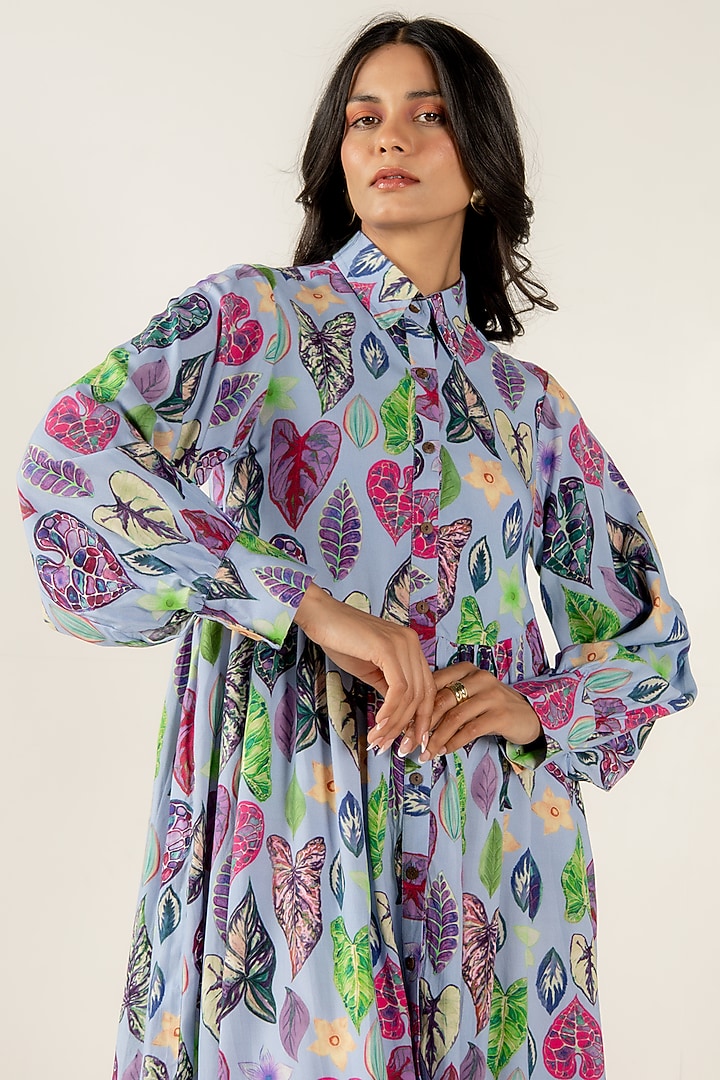Blue Modal Satin Floral Leaf Printed Mini Summer Shirt Dress by AROOP SHOP INDIA at Pernia's Pop Up Shop
