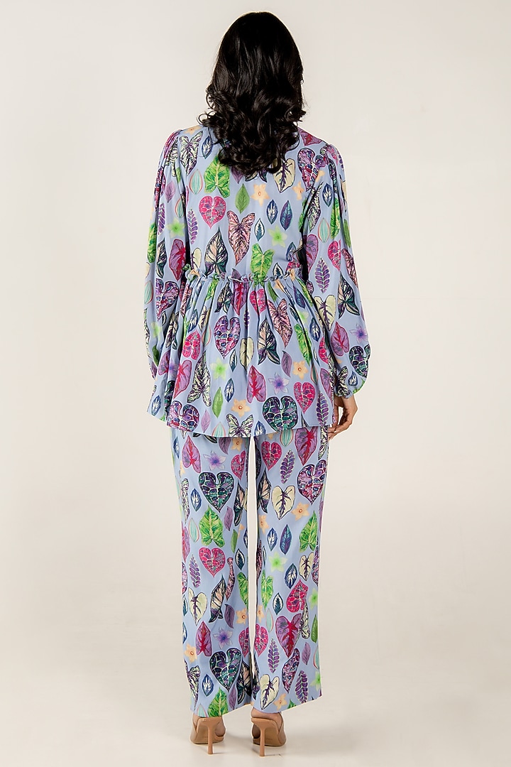 Blue Modal Satin Floral Leaf Printed Co-Ord Set by AROOP SHOP INDIA at Pernia's Pop Up Shop