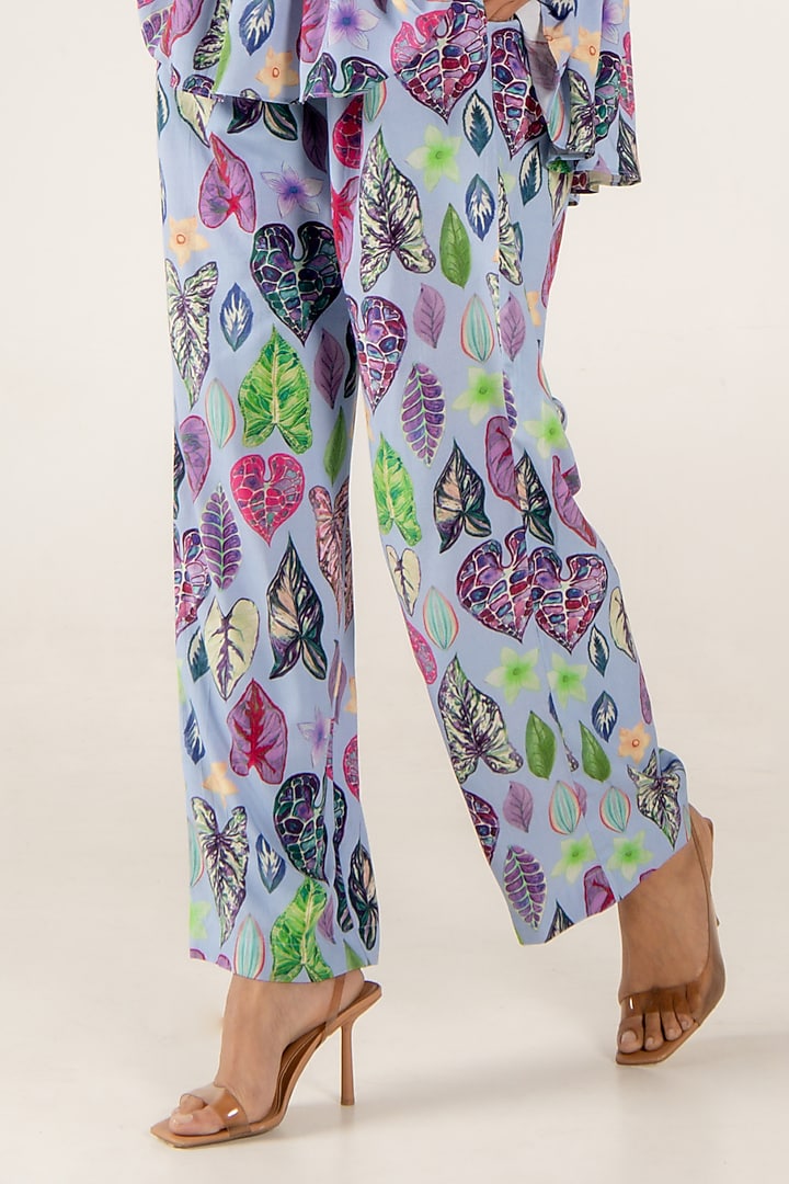 Blue Modal Satin Floral Leaf Printed Co-Ord Set by AROOP SHOP INDIA at Pernia's Pop Up Shop