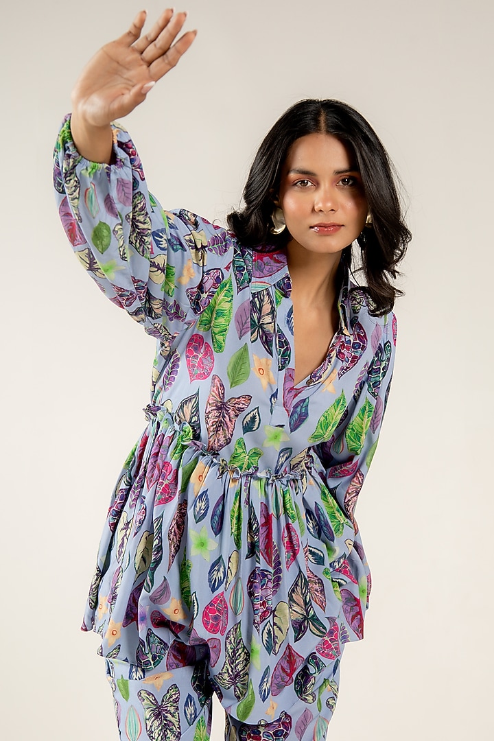 Blue Modal Satin Floral Leaf Printed Co-Ord Set by AROOP SHOP INDIA at Pernia's Pop Up Shop