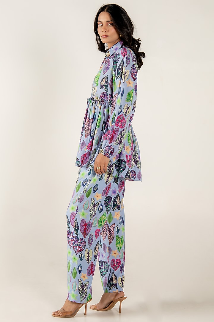 Blue Modal Satin Floral Leaf Printed Co-Ord Set by AROOP SHOP INDIA at Pernia's Pop Up Shop