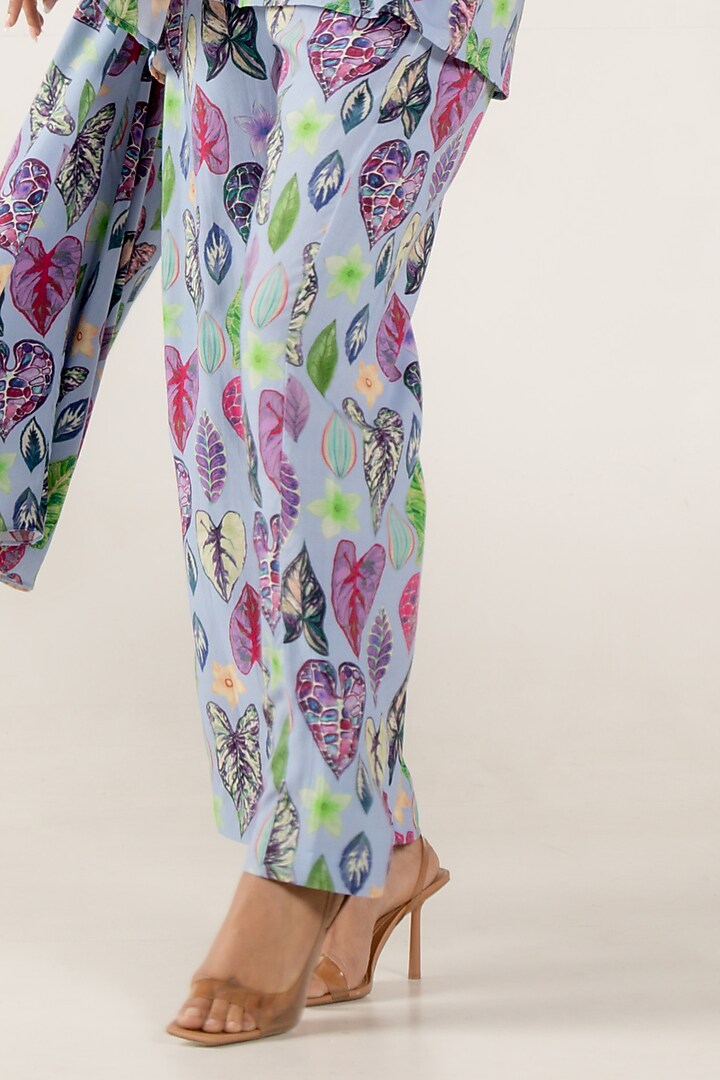 Blue Modal Satin Floral Leaf Printed Co-Ord Set by AROOP SHOP INDIA at Pernia's Pop Up Shop
