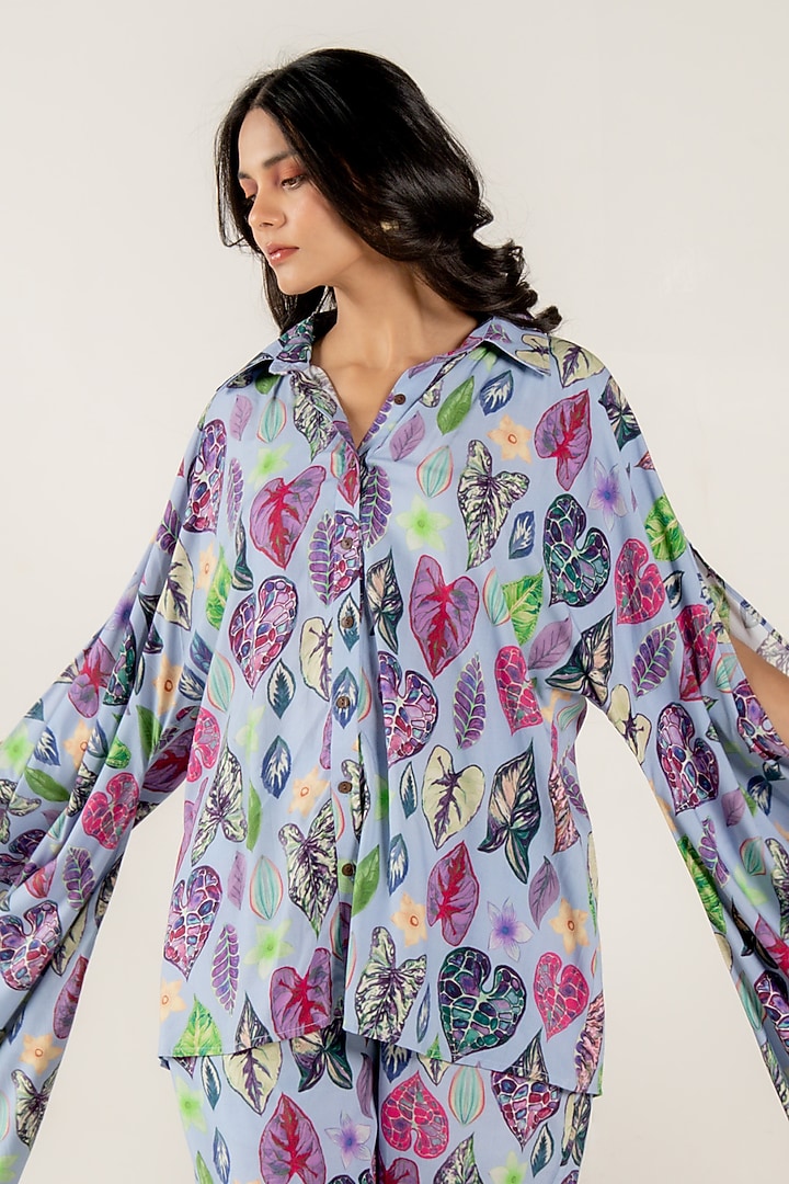 Blue Modal Satin Floral Leaf Printed Co-Ord Set by AROOP SHOP INDIA at Pernia's Pop Up Shop
