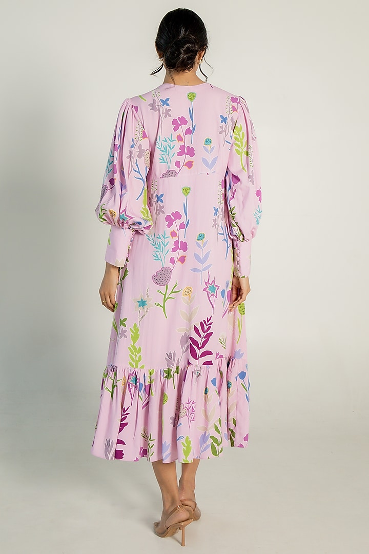 Light Orchid Modal Satin Floral Printed Midi Button-Down Summer Dress by AROOP SHOP INDIA at Pernia's Pop Up Shop