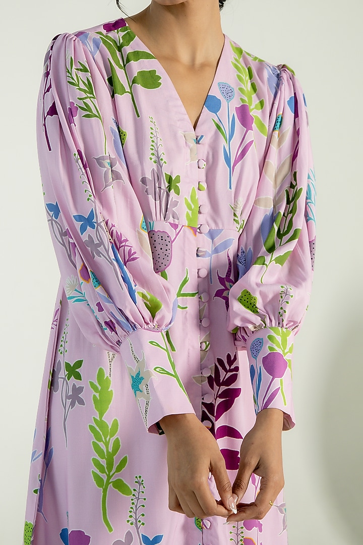 Light Orchid Modal Satin Floral Printed Midi Button-Down Summer Dress by AROOP SHOP INDIA at Pernia's Pop Up Shop