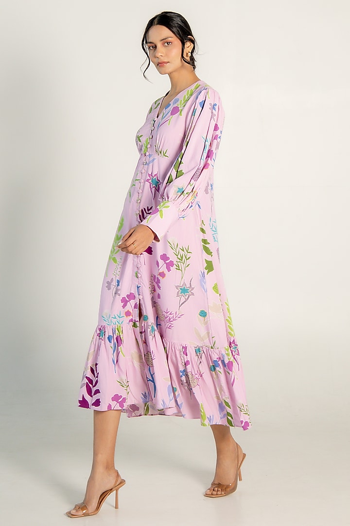Light Orchid Modal Satin Floral Printed Midi Button-Down Summer Dress by AROOP SHOP INDIA at Pernia's Pop Up Shop