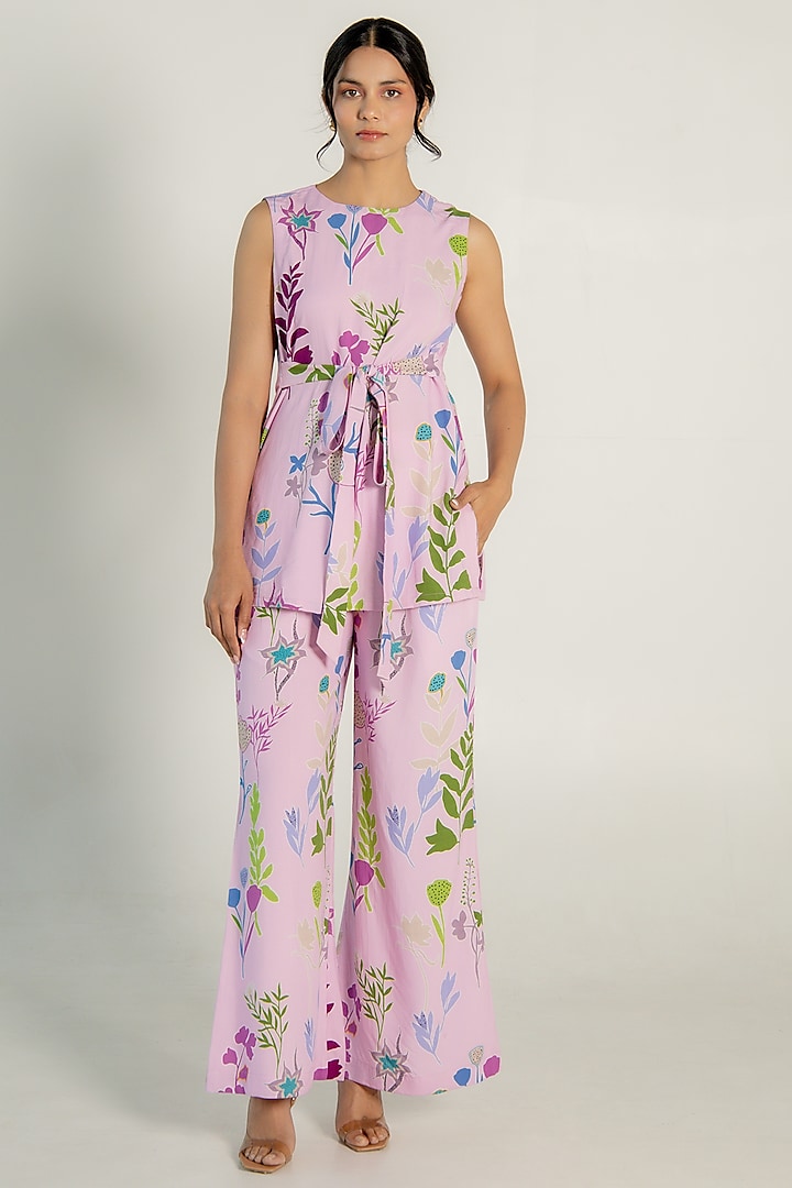 Light Orchid Modal Satin Floral Printed Co-Ord Set by AROOP SHOP INDIA at Pernia's Pop Up Shop