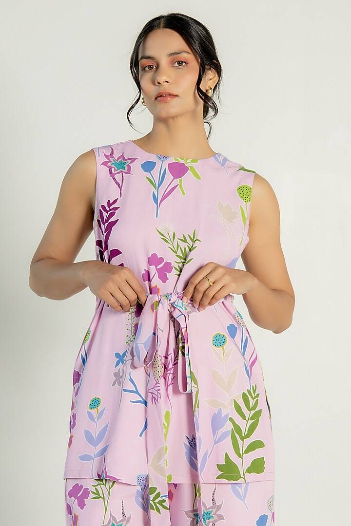 Light Orchid Modal Satin Floral Printed Co-Ord Set by AROOP SHOP INDIA at Pernia's Pop Up Shop